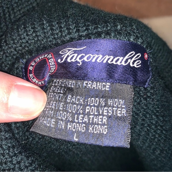 Faconnable Green Blue 100% Wool Sweater Leather Patches Embroidered Crest L - Picture 3 of 9